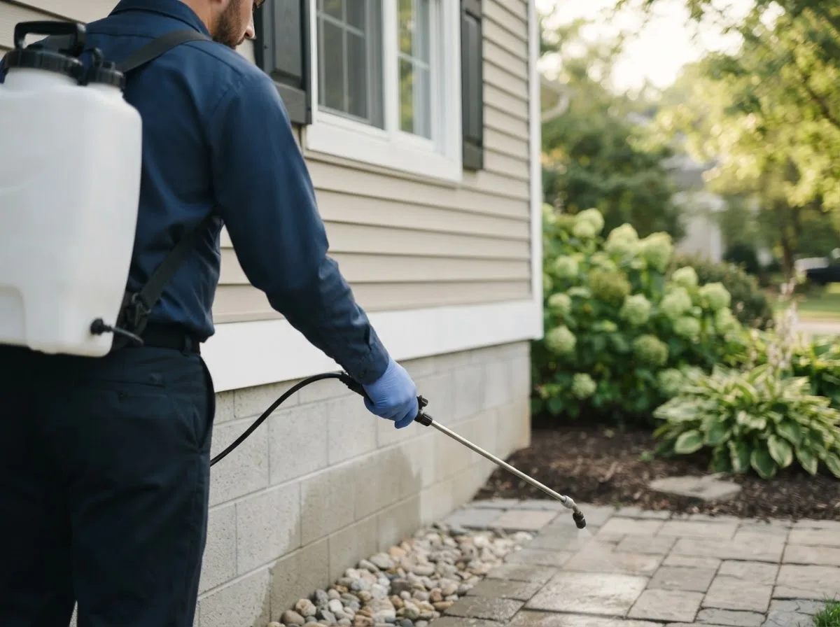 Pest control technician inspecting a home in Venedocia, OH
